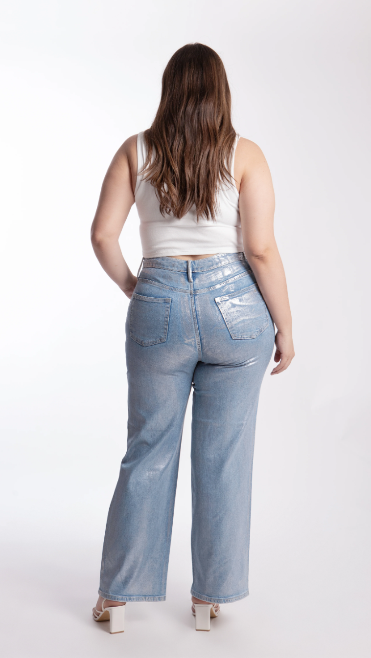 Jeans flare con foil efecto PLATEADO