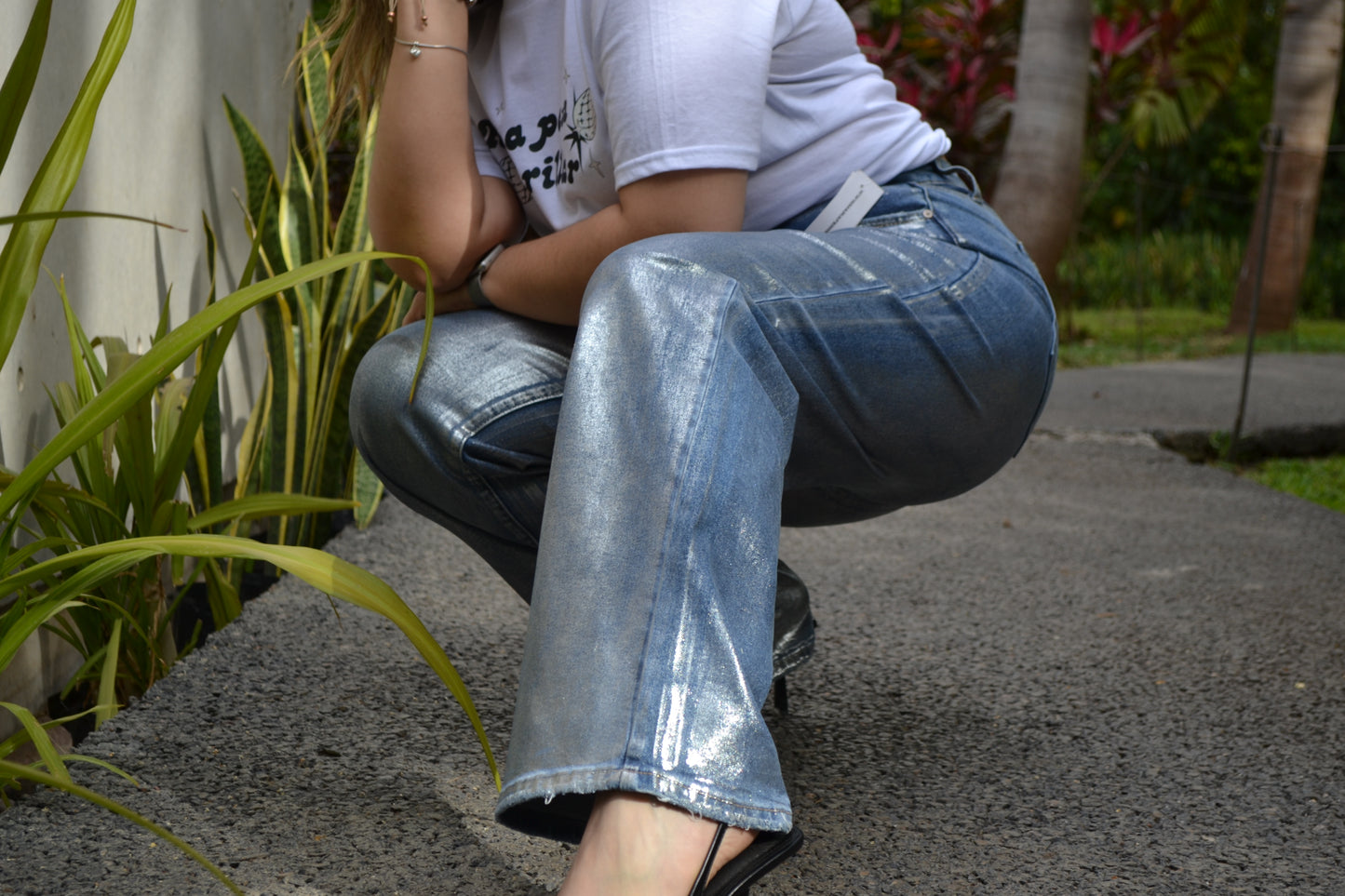 Jeans flare con foil efecto PLATEADO