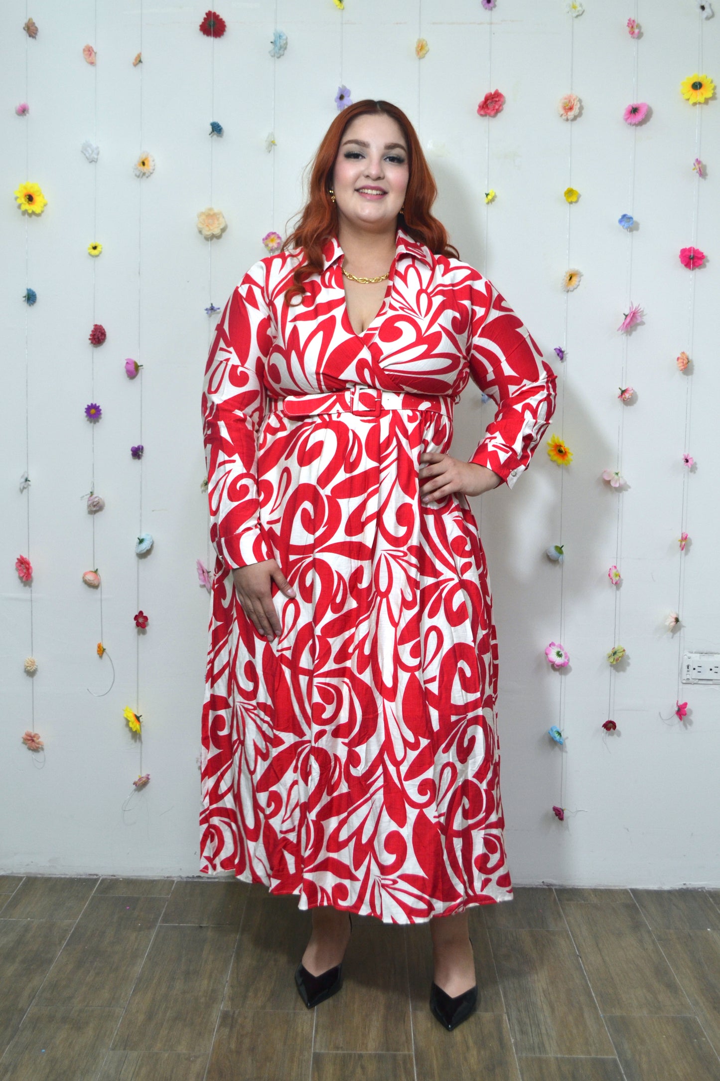 Vestido Estampado Cinto Manga Larga