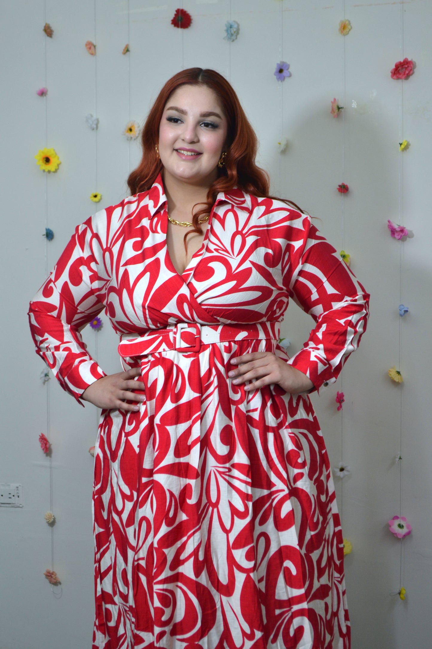 Vestido Estampado Cinto Manga Larga