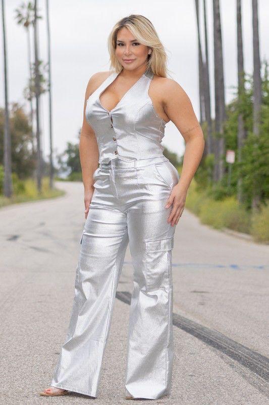 Pantalón Flare Metálico Plata