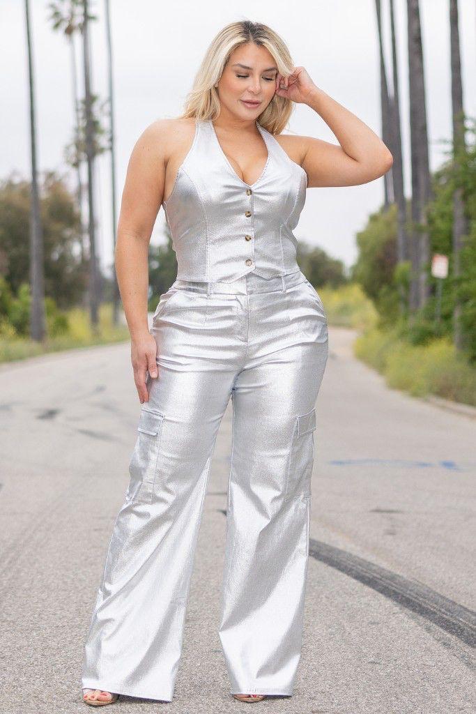 Pantalón Flare Metálico Plata
