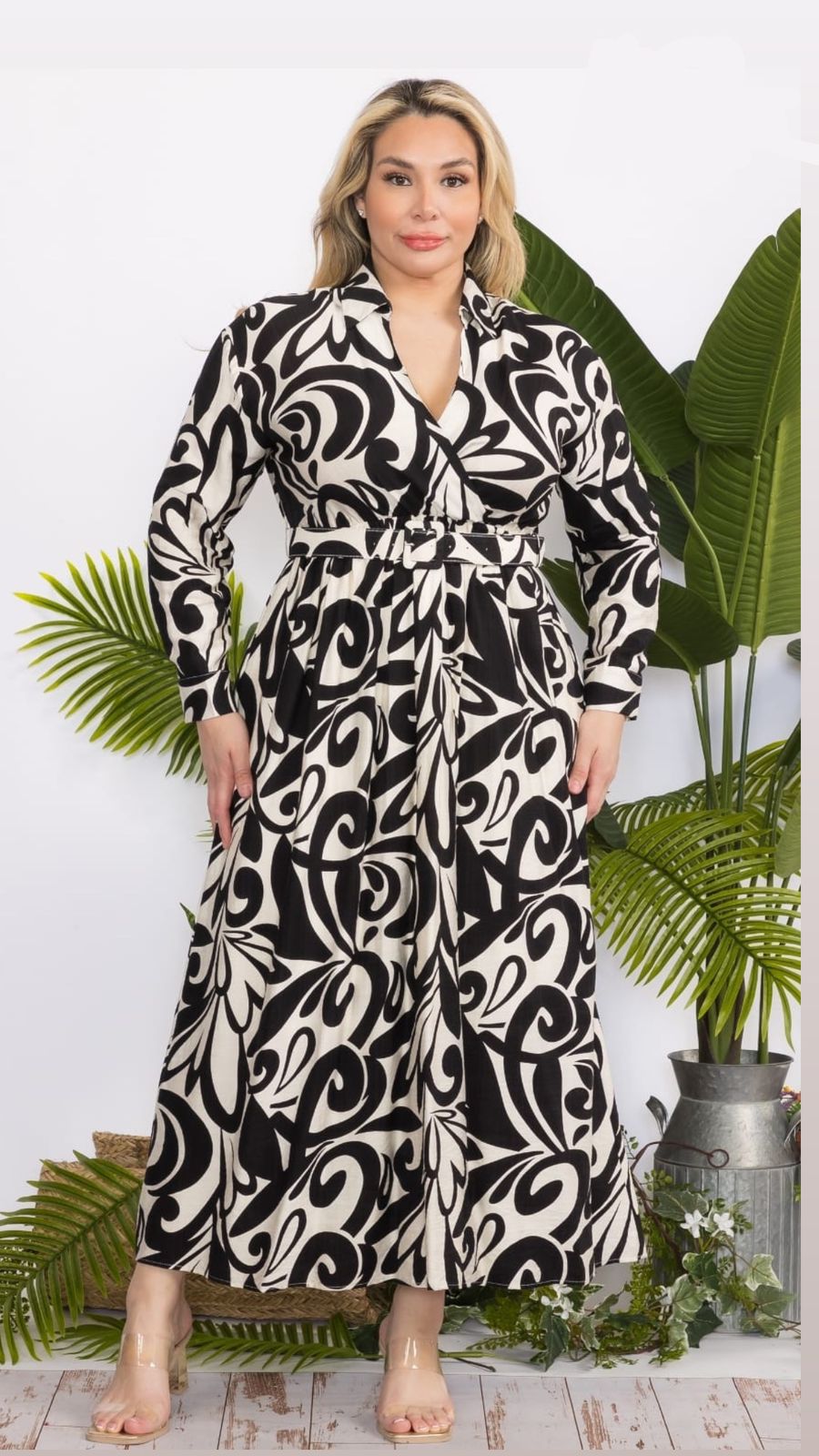 Vestido Estampado Cinto Manga Larga