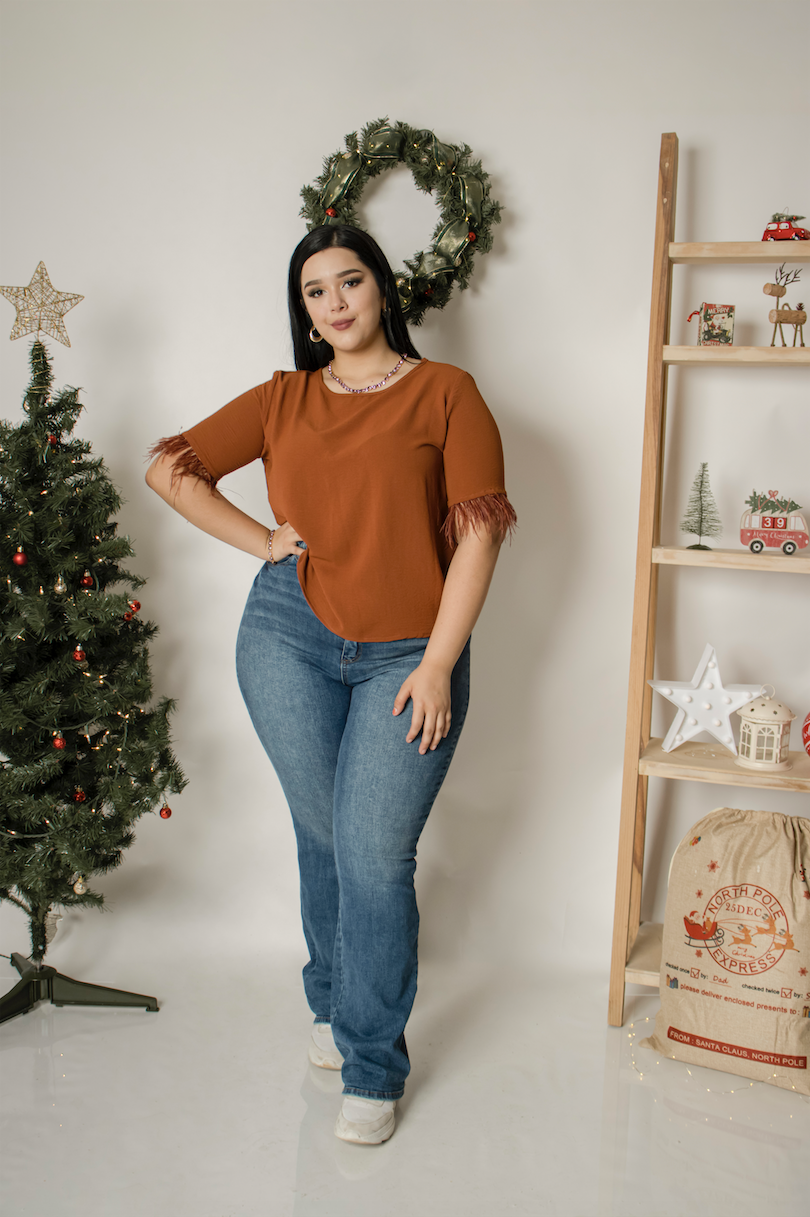 Blusa manga corta con plumas