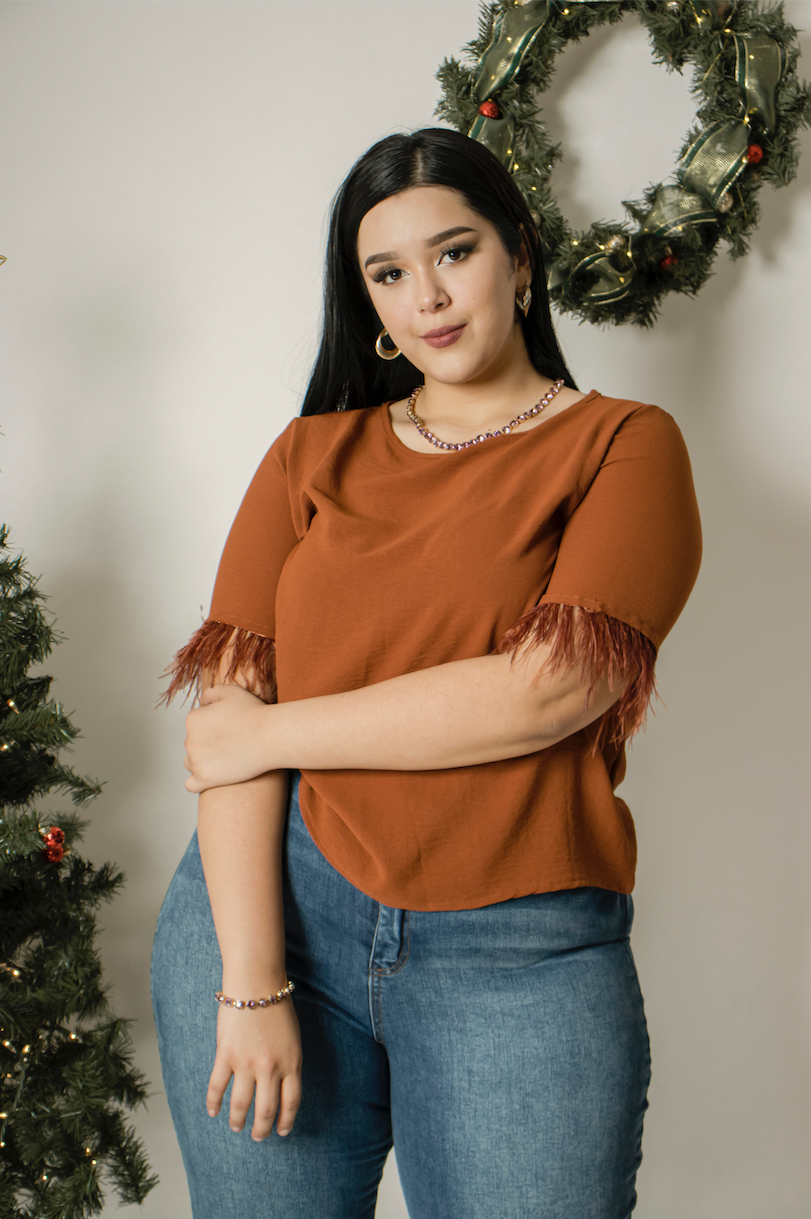 Blusa manga corta con plumas