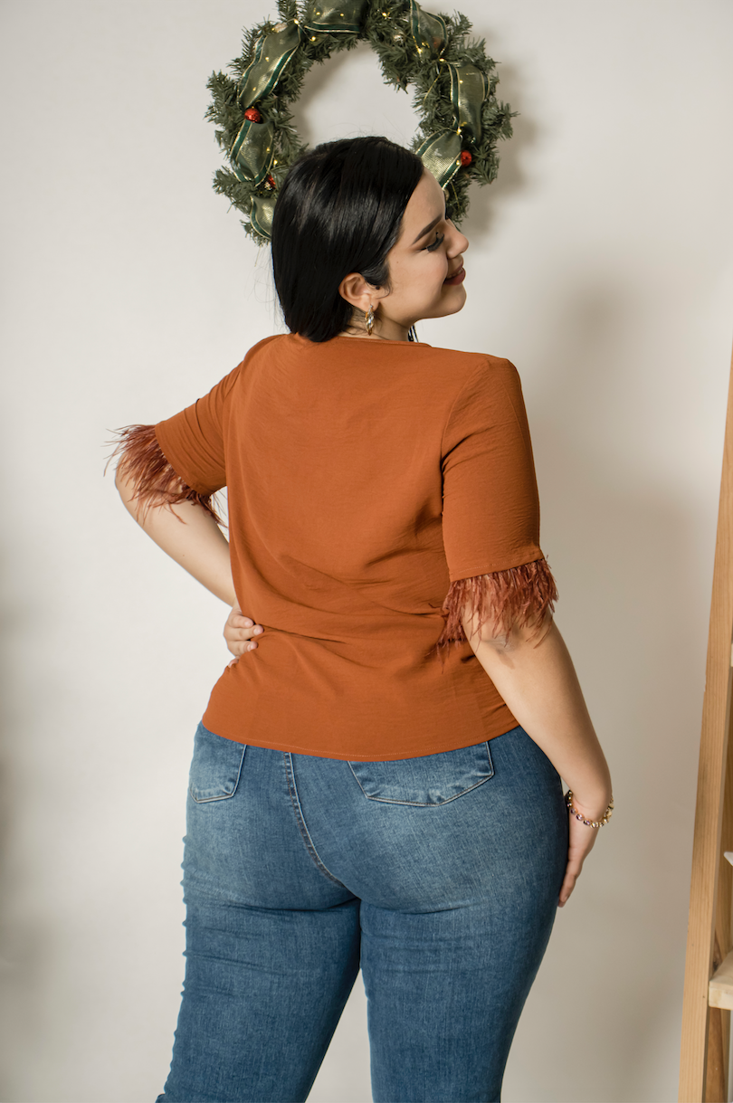 Blusa manga corta con plumas
